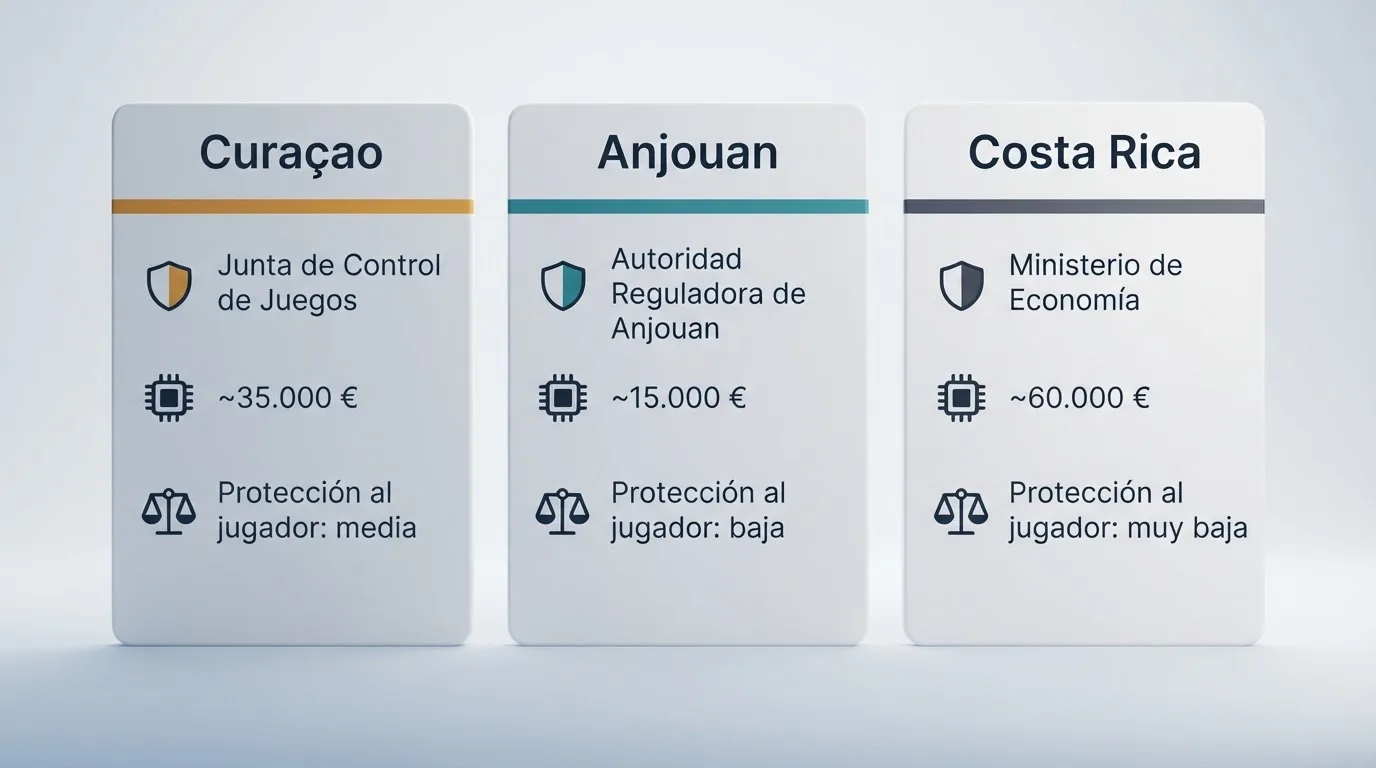 Mapa conceptual con tres columnas que representan las jurisdicciones de Curaçao, Anjouan y Costa Rica, mostrando el regulador, el coste de licencia y el nivel de protección al jugador de cada una
