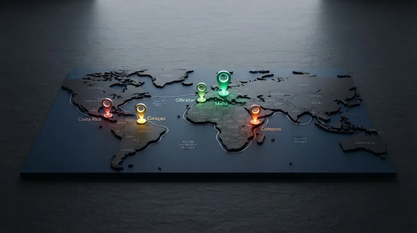 Un mapa estilizado con cinco pines sobre Malta, Curazao, Gibraltar, Comoras y Costa Rica, cada uno con el nivel de exigencia regulatoria representado por un código de color