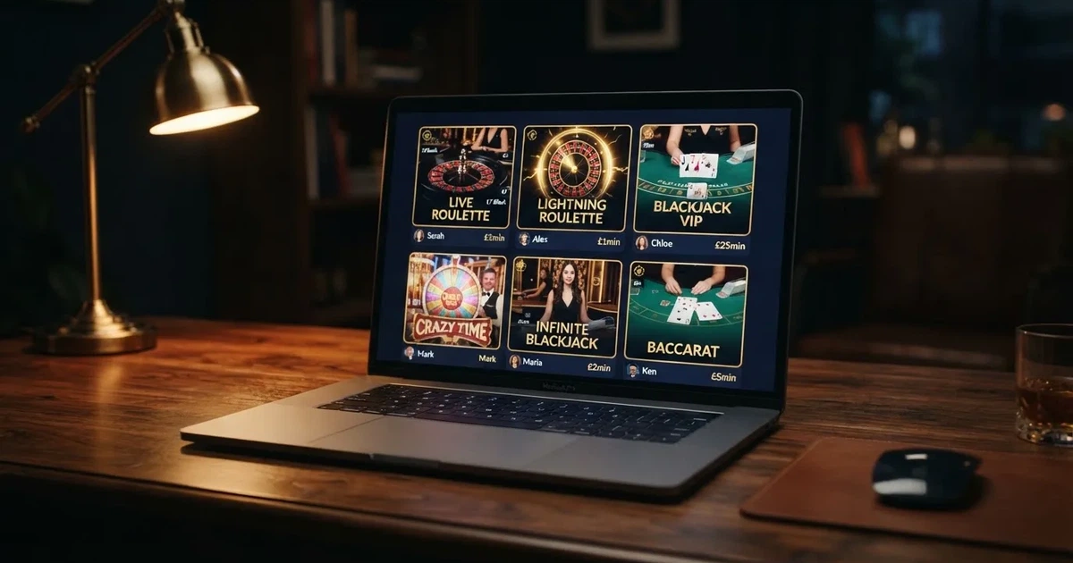 Interfaz de un casino online con las mesas de Evolution Gaming en vivo destacadas en el lobby