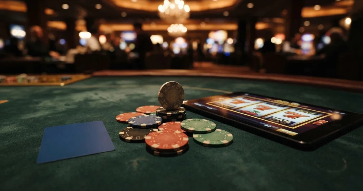 Comparativa de bonos de casino online con fichas de póquer, pantalla de bono de bienvenida y tarjeta de crédito sobre una mesa de juego