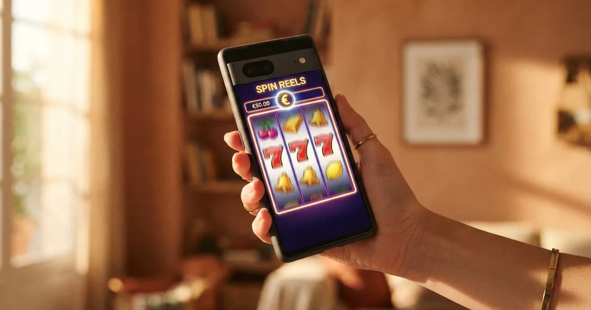 Manos sujetando un móvil con la pantalla mostrando una ruleta de slot de casino girando, sobre un fondo con el logotipo de la DGOJ y la bandera de España