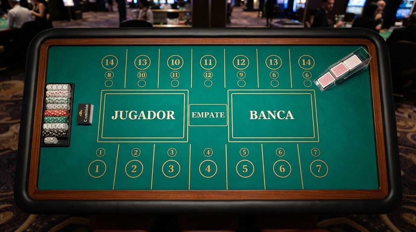 Disposición de una mesa de punto y banca con las tres zonas de apuesta marcadas: Banca, Jugador y Empate