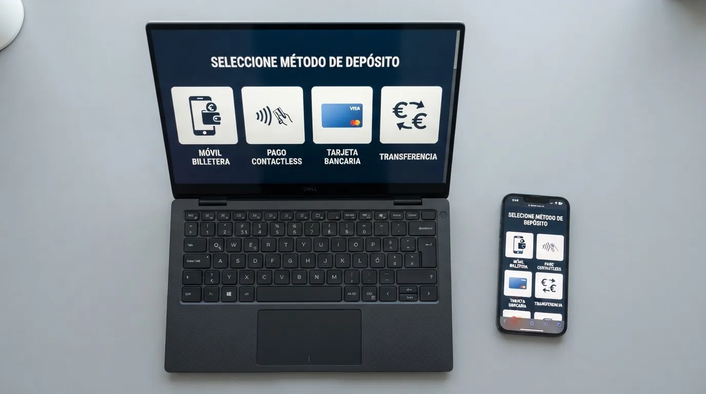 Pantalla de cajero de casino online español mostrando las opciones de depósito: Bizum, Apple Pay, Google Pay y tarjeta, con el móvil junto a la pantalla