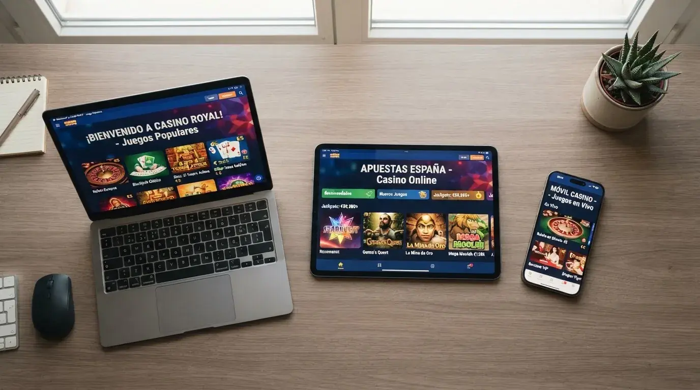 Un escritorio con varios dispositivos mostrando las pantallas de inicio de diferentes casinos con licencia de Anjouan, todos con interfaz en español y el símbolo del euro visible