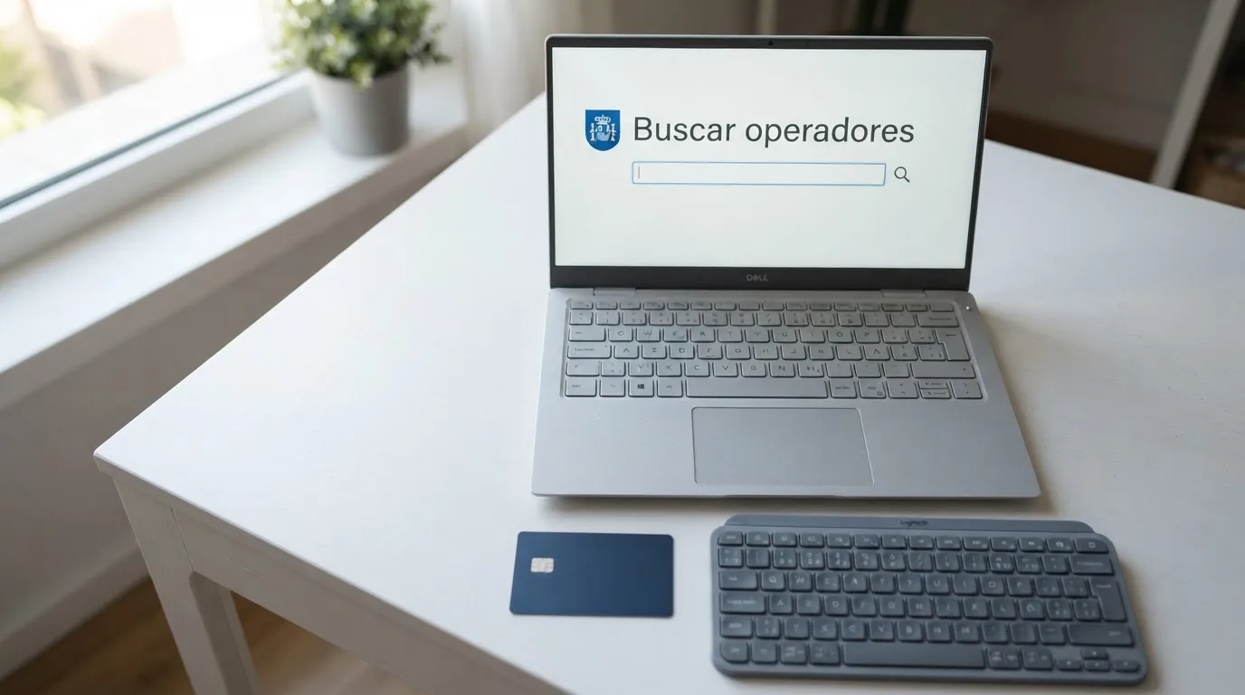 Pantalla del buscador de operadores de la DGOJ con el escudo institucional visible, teclado y tarjeta de crédito en segundo plano