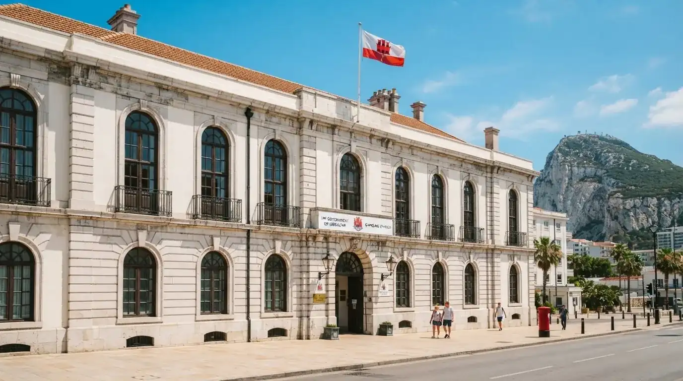 Fachada del edificio de la Gambling Division del Gobierno de Gibraltar con la bandera gibraltareña
