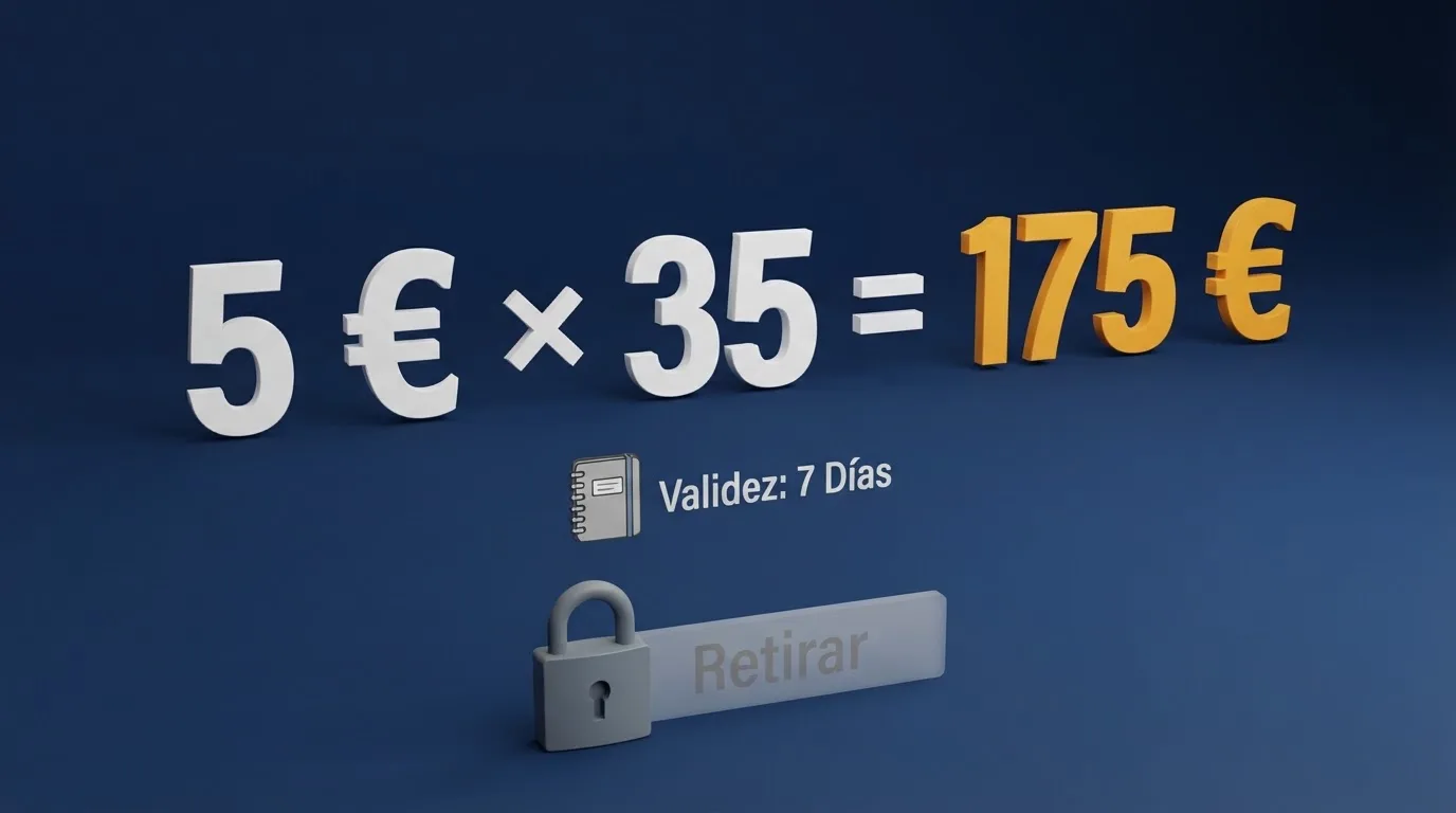 Infografía con el cálculo de un rollover: 5 € de bono × 35 = 175 € en apuestas, con un calendario que marca el plazo de validez y un candado sobre el botón de retirar