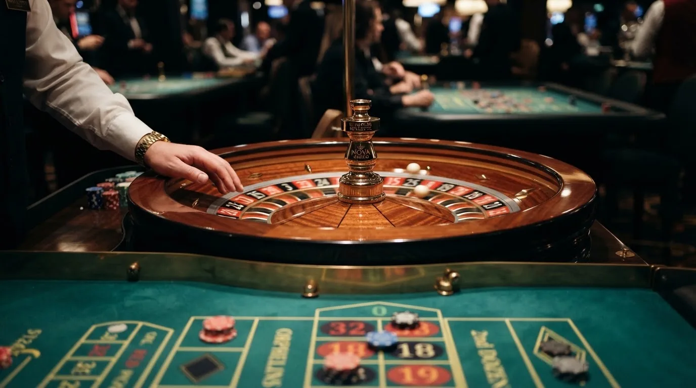 Una ruleta europea en vivo con el crupier girando la bola y los números reflejados en la interfaz digital de apuestas sobre la mesa