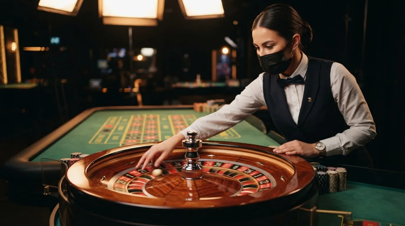 Crupier de Evolution Gaming accionando la ruleta en un estudio español con iluminación de estudio
