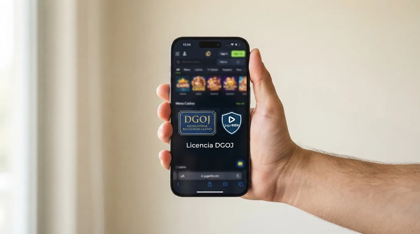 Primer plano de una pantalla de móvil mostrando el pie de página de una app de casino con el sello de licencia DGOJ, el logo de JugarBien.es y el aviso de juego responsable