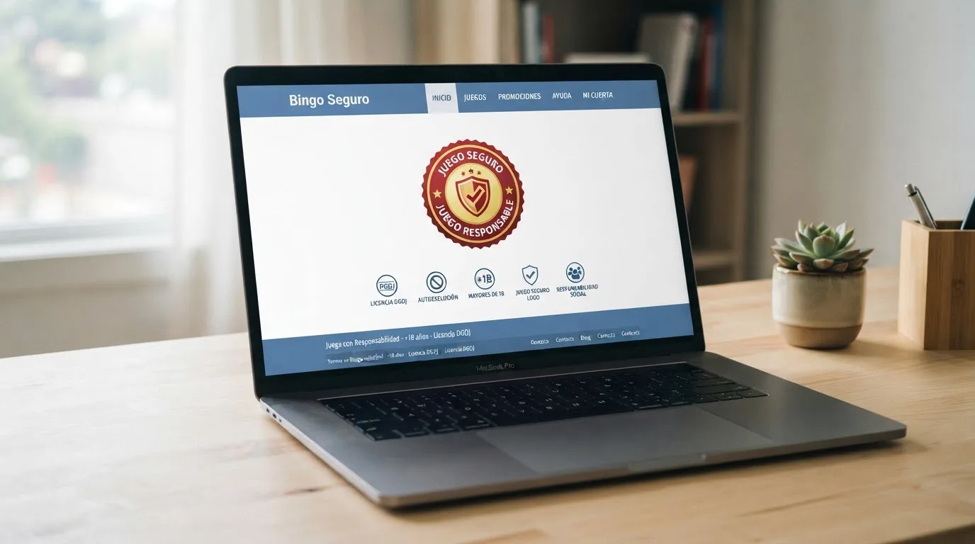 Sello de Juego Seguro de la DGOJ sobre el fondo de la web de un operador de bingo online, junto a los iconos de licencia y juego responsable