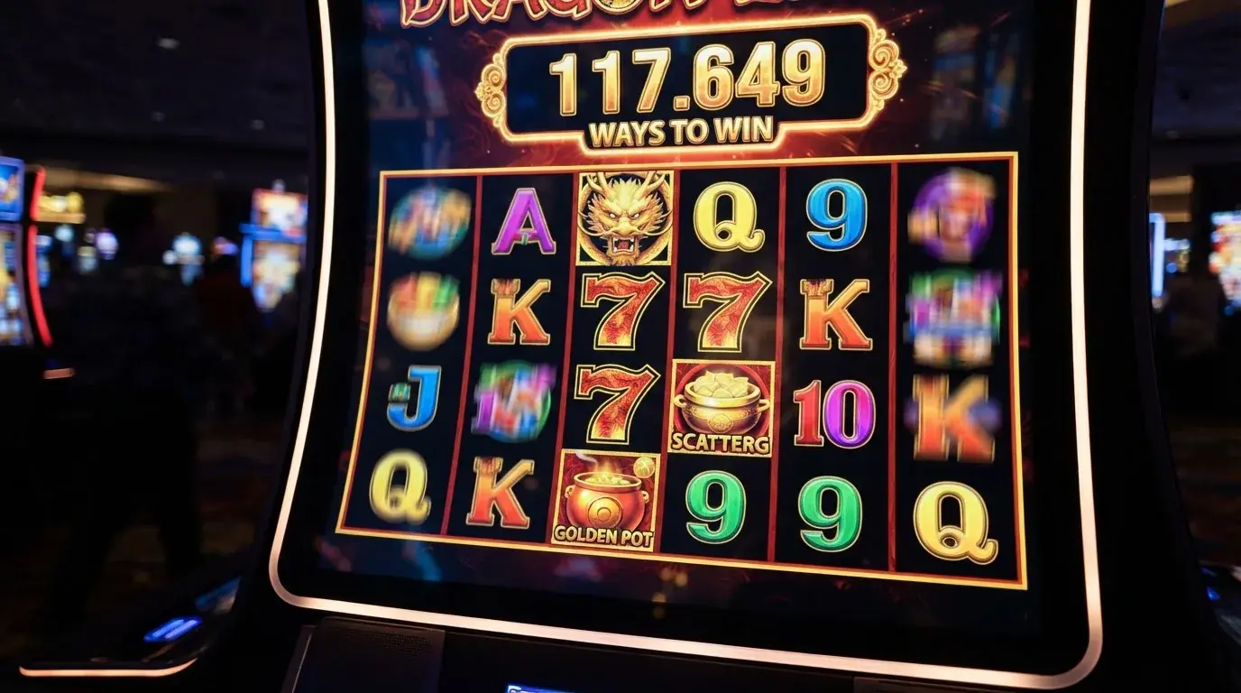 Primer plano de los carretes de un slot Megaways de Big Time Gaming mostrando el contador de formas de ganar en tiempo real sobre los carretes