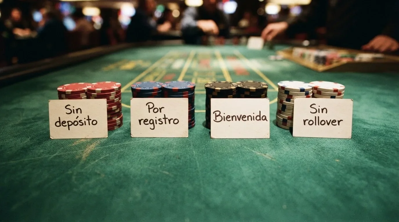 Comparativa visual de los distintos tipos de giros gratis —sin depósito, por registro, de bienvenida, con y sin rollover— mostrados como fichas sobre una mesa de casino